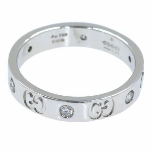 GUCCI GG Logo Diamond Band Ring size US7.5 18k White Gold Auth #5539F - Picture 9 of 11